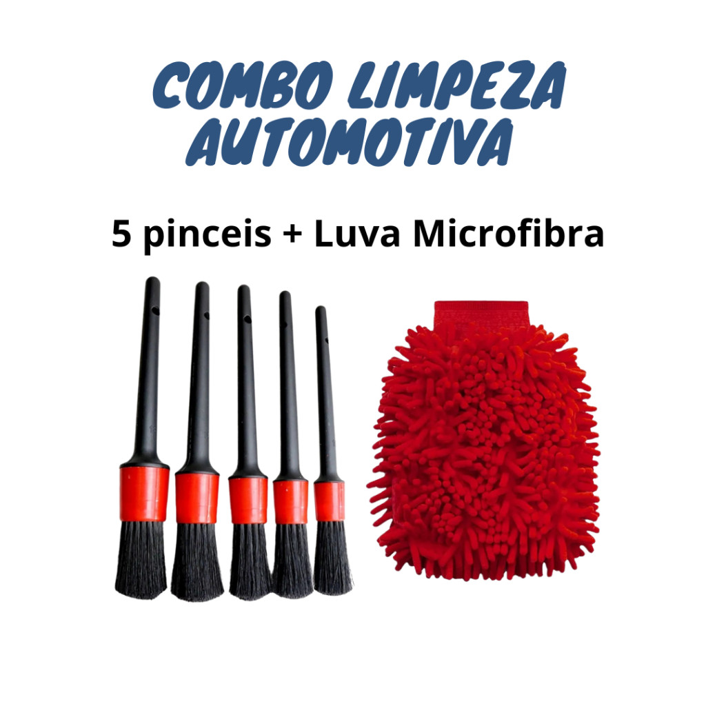 Kit Limpeza Automotiva Pincéis limpeza Automotiva Cinco Tamanhos + Luva de Lavagem Microfibra