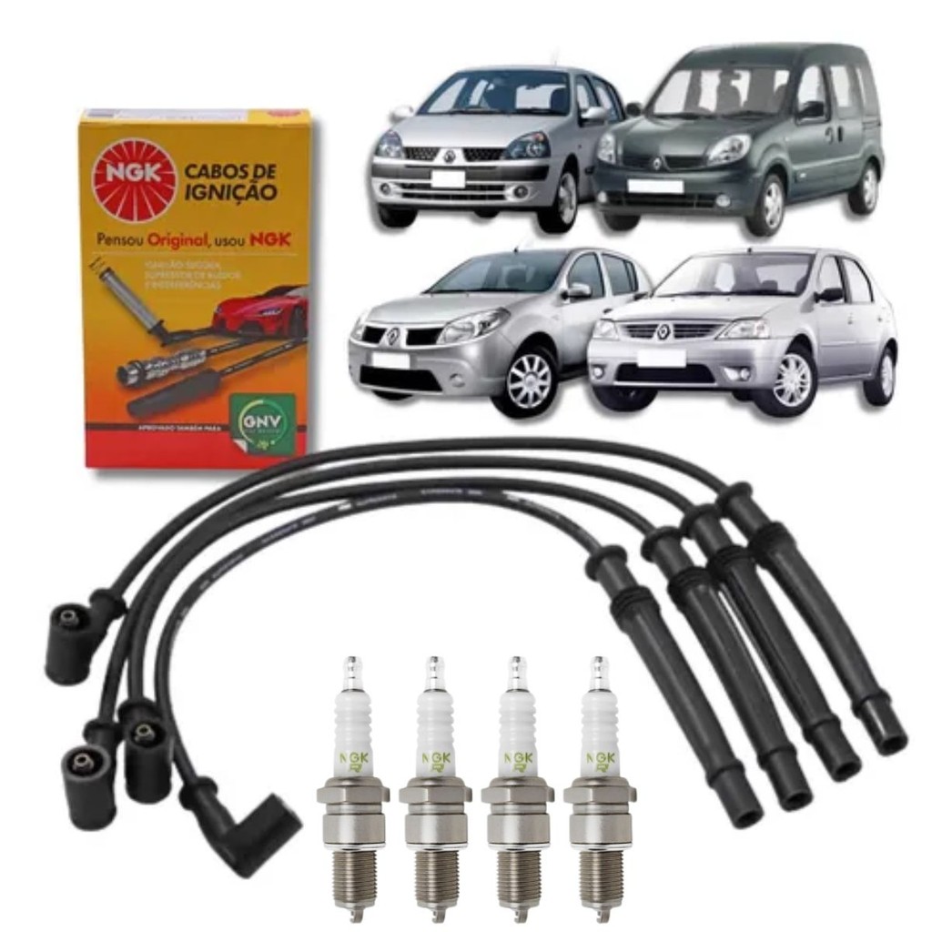 Kit Jogo de Cabos e Velas de Ignição NGK Original Renault Clio Sandero Logan