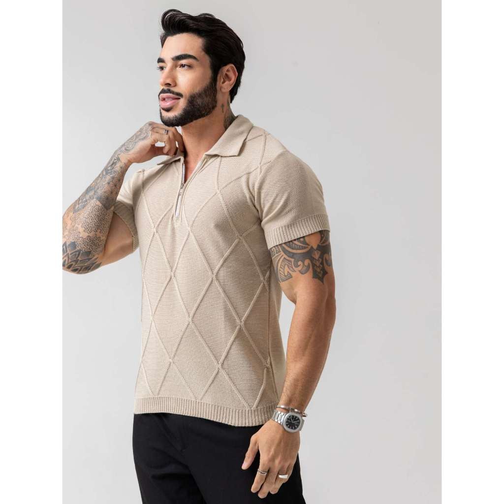 camiseta masculina de tricot com ziper gola polo manga curta padrão verão chique em Oferta na Shopee