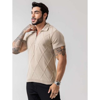 camiseta masculina de tricot com ziper gola polo manga curta padrão verão chique em Oferta na Shopee
