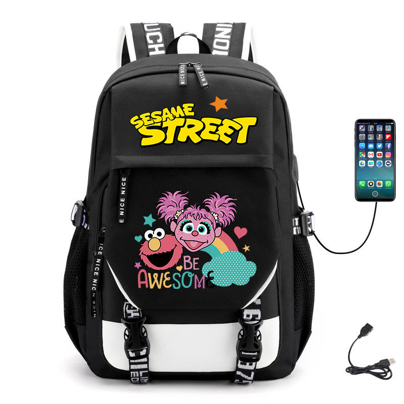 Sesame Street mochila escolar infantil 43cm USB resistente Meninos meninas estudante adolescente Mochila para notebook