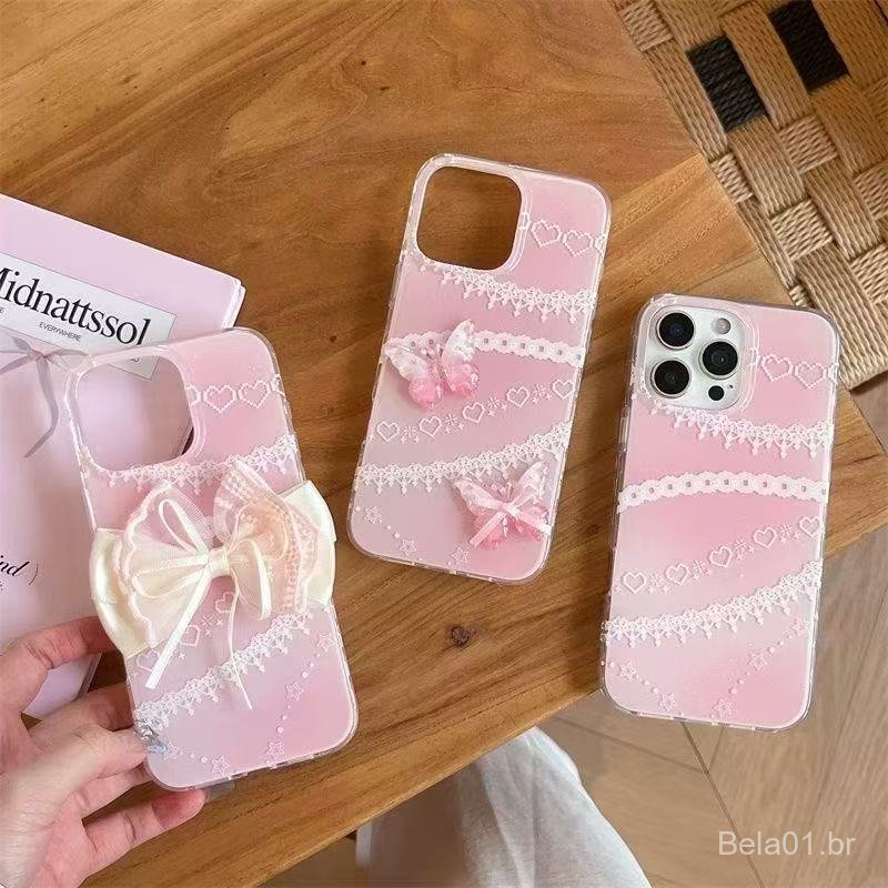 Capa de celular adequada para iPhone, com acabamento em renda e laço tridimensional, compatível com iPhone 16, 17 Pro Ma