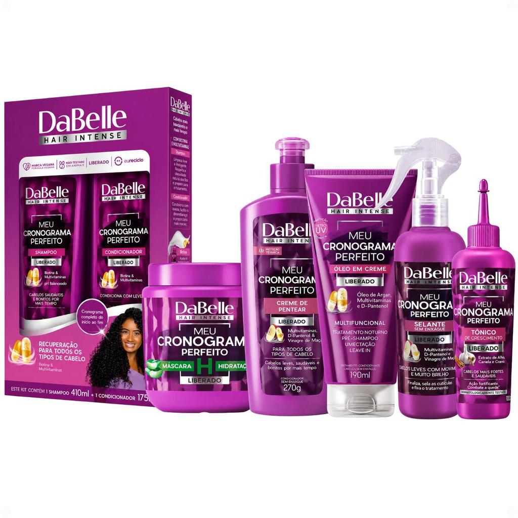 Kit DaBelle Cronograma Sham e Cond + Máscara de Hidratação, Creme, Óleo em Creme, Selante, Tônico