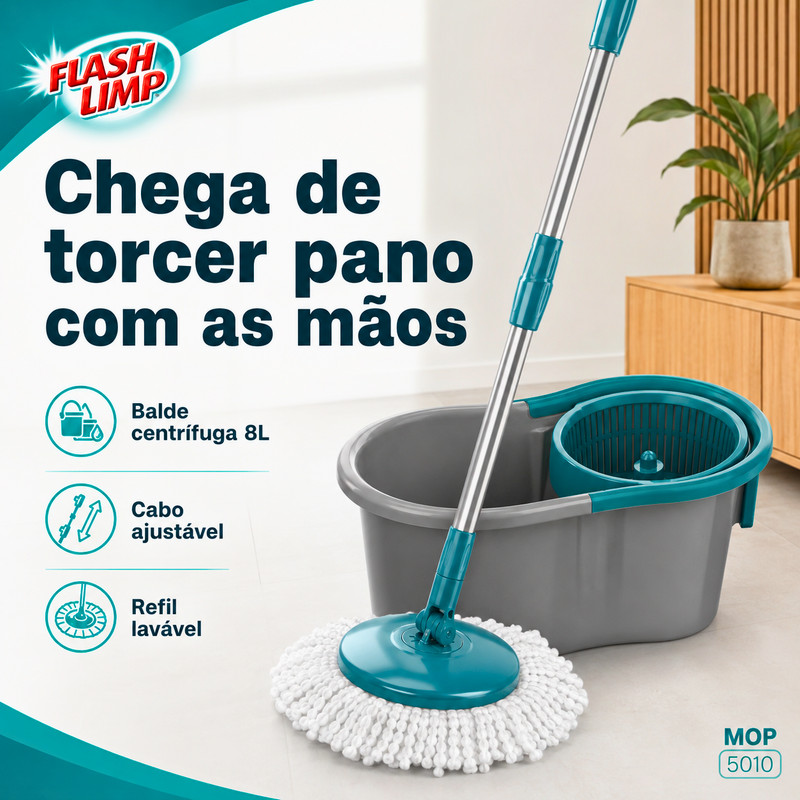 Mop Esfregão Giratório Balde Centrífuga 8L Cabo Ajustável Microfibra Limpeza Piso Cozinha Flash Limp