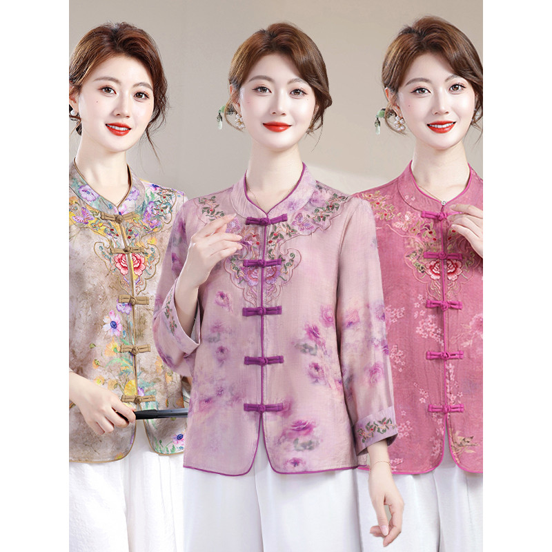 Roupas femininas idosas de meia-idade Roupas de mãe Roupas de primavera outono Camisa bordada Novo estilo chinês abotoad