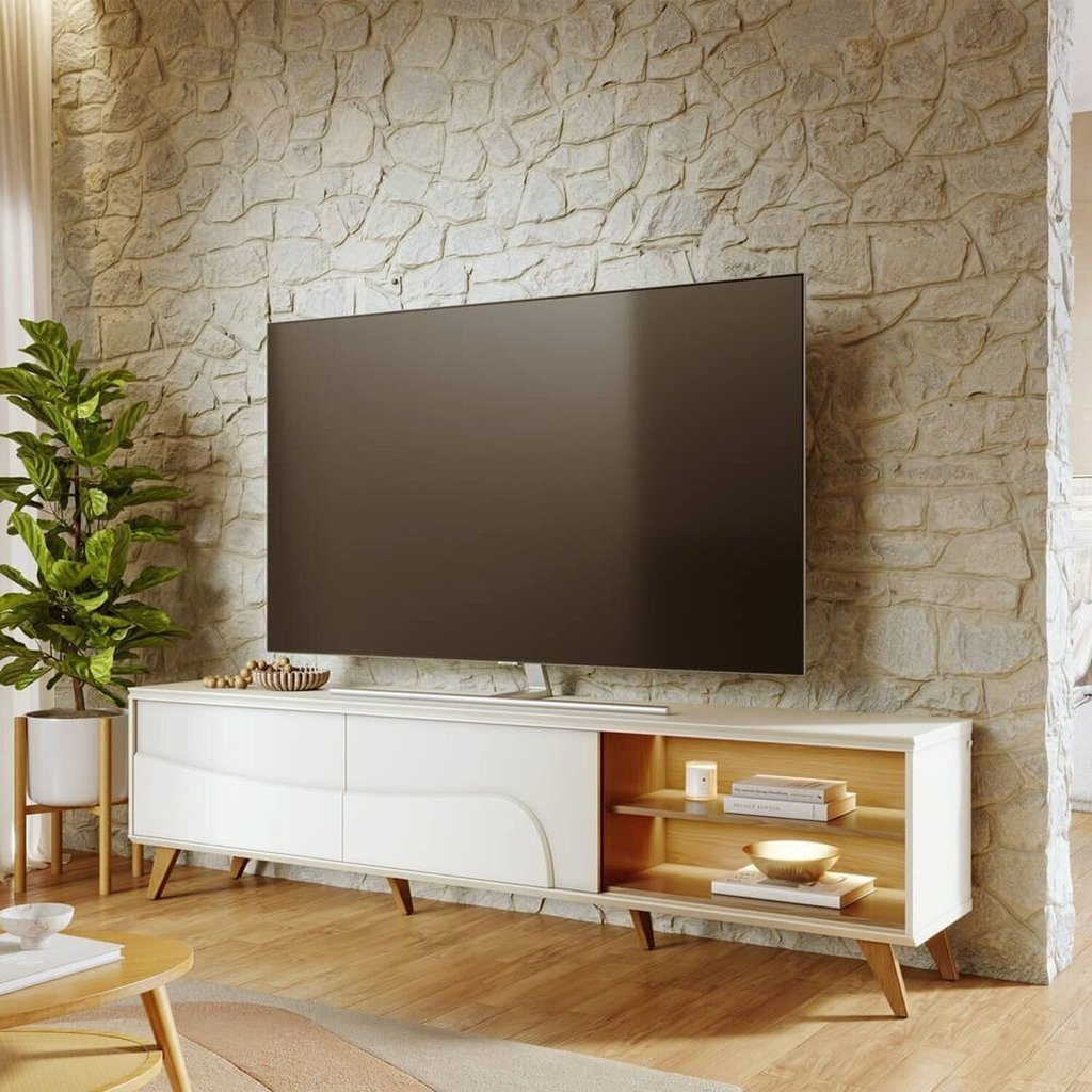 Rack para TV até 75 Polegadas com MDF 216,8cm Pés em Madeira Maciça Led Amalfi Branco Off White/Freijó Off