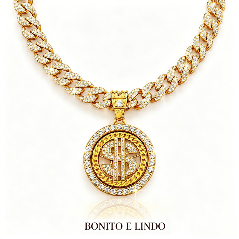 Colar Dólar Hip Hop Cravejado Dourado com Pingente Conjunto Colar + Pingente ou Colar + Pingente + Pulseira 3 Modelos