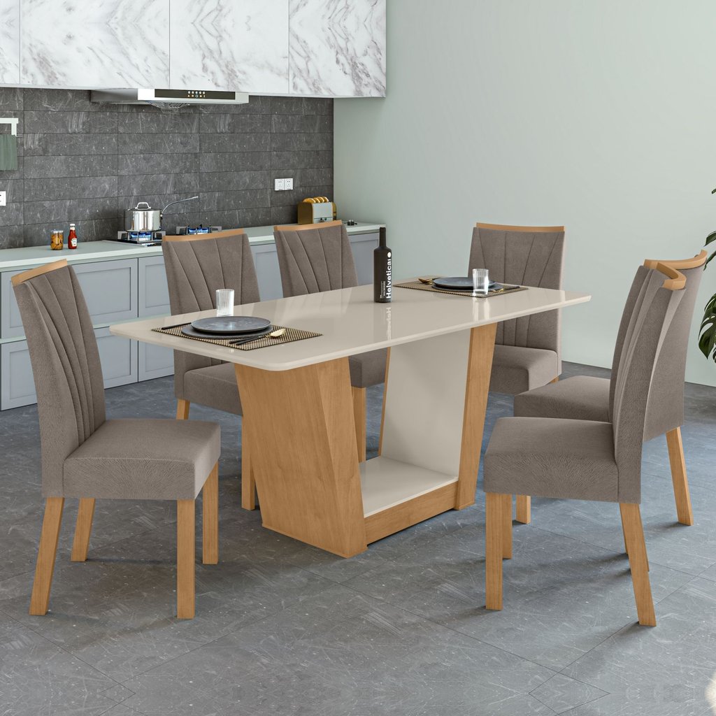 Conjunto Sala de Jantar 6 Lugares Retangular Tampo MDF Mesa e Cadeiras Apogeu Amêndoa Clean/Off White/Animale Bege
