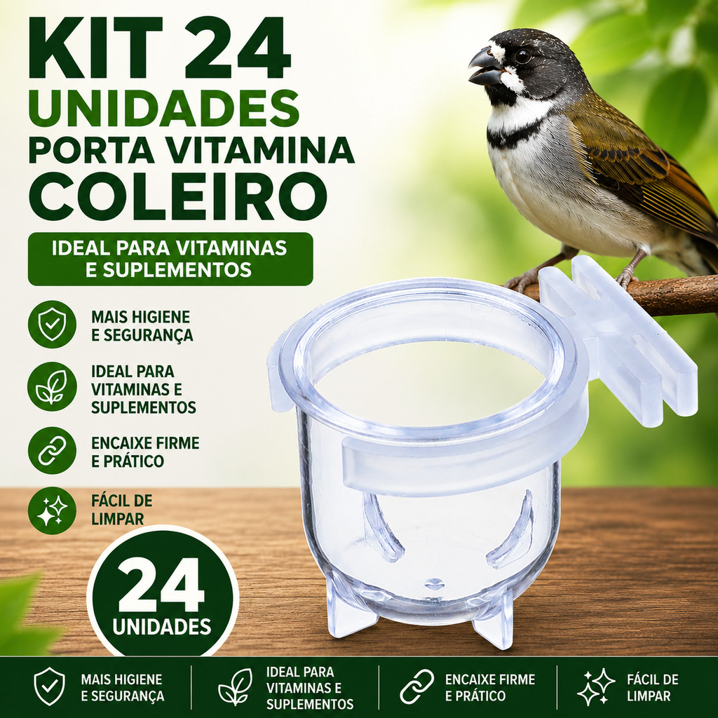 Kit 24un Porta Vitamina Cristal Comedouro coleiro Aves Passaros Pequenos