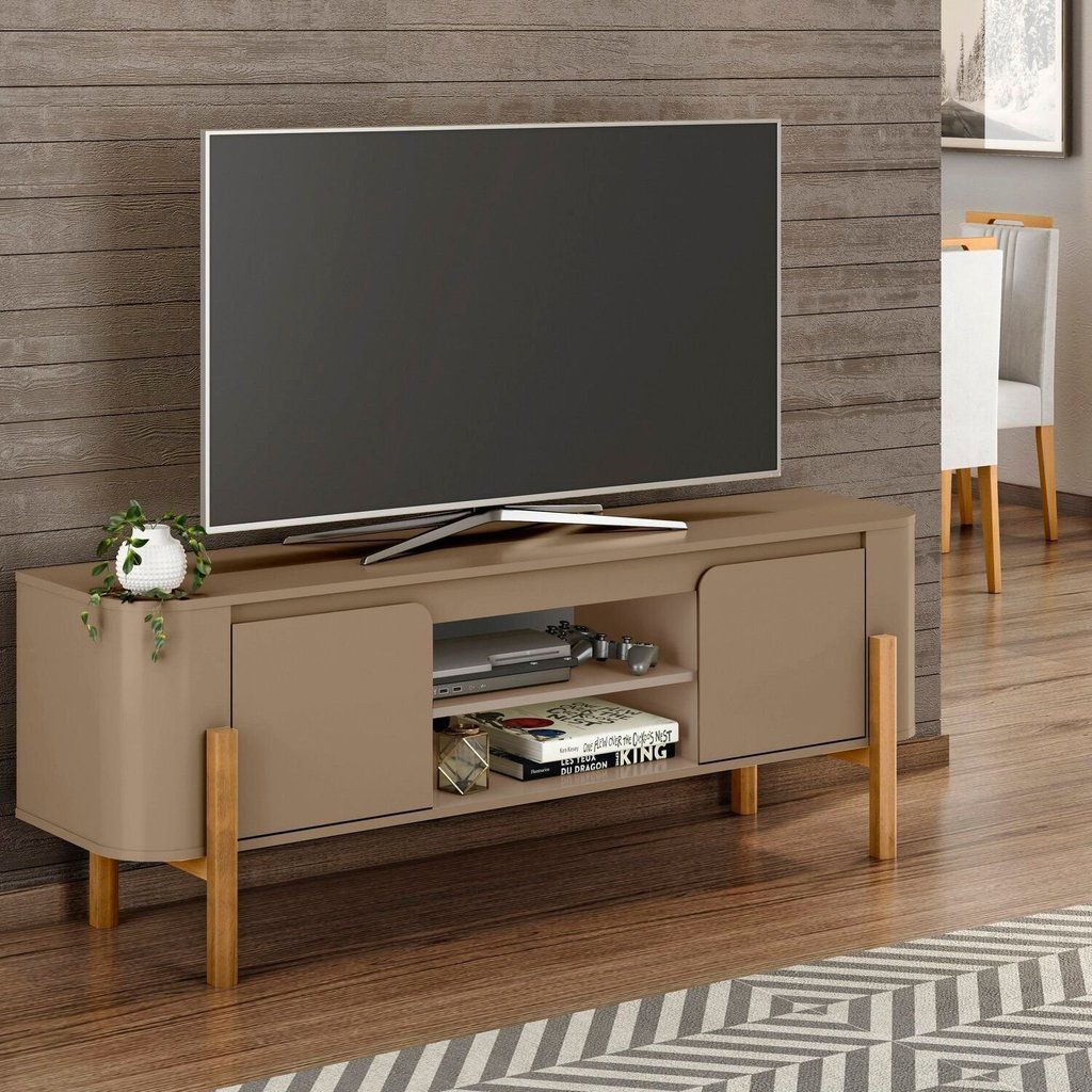 Rack para TV até 65 Polegadas MDF 160cm Pés em Madeira Maciça Camburi Marrom Fendi Fendi