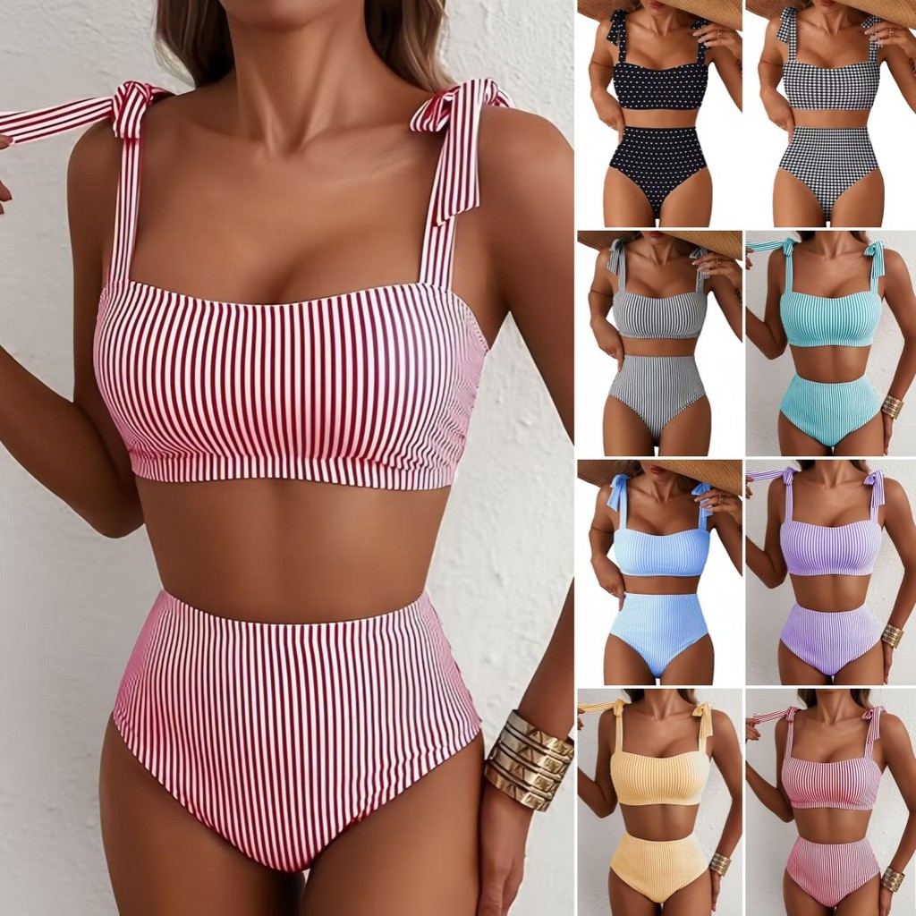 Retro maiô listras verticais cintura alta divisão bikini capa barriga mais magro olhar arco alça de ombro biquíni maiô