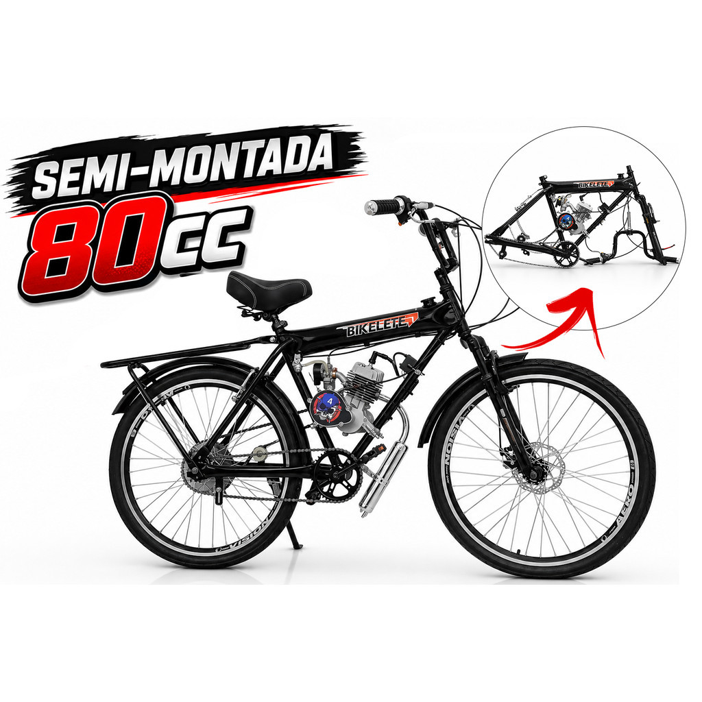Bicicleta Motorizada 80cc Tanque no Quadro Aro 26 Semi Montada Freio a Disco