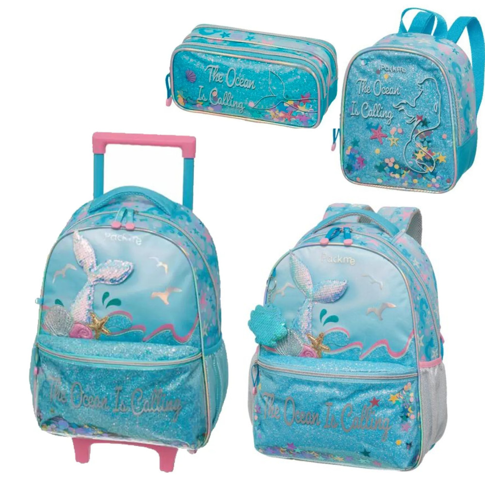 KIT ESCOLAR C/ MOCHILA COSTAS, MOCHILA RODINHAS, LANCHEIRA E ESTOJO PACK ME OCEAN - PACIFIC