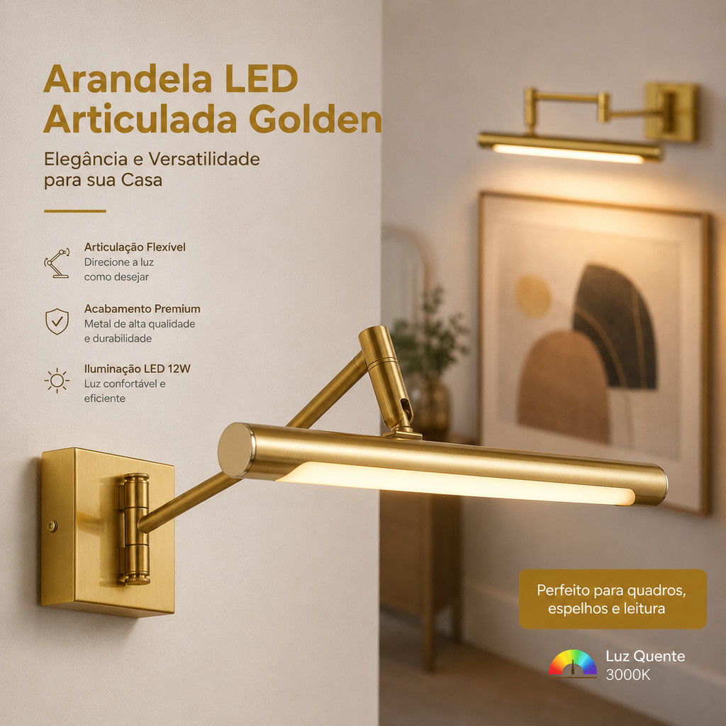 Arandela Led Espelho Quadro Articulada Dourada 3 Cores 12W