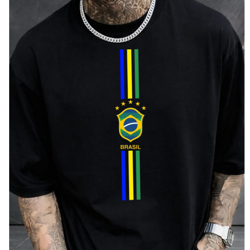 Camiseta masculina brasil Algodão Preta camisa futebol torcida copa do mundo promoção envio rapido
