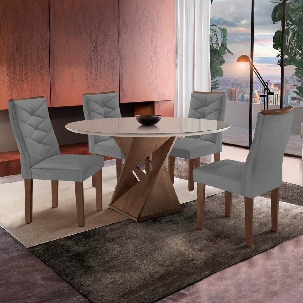Conjunto Sala de Jantar 4 Lugares Redonda Tampo 100cm Vidro/MDF Mesa e Cadeiras Barcelona Yescasa Marrom/Chocolate/Off