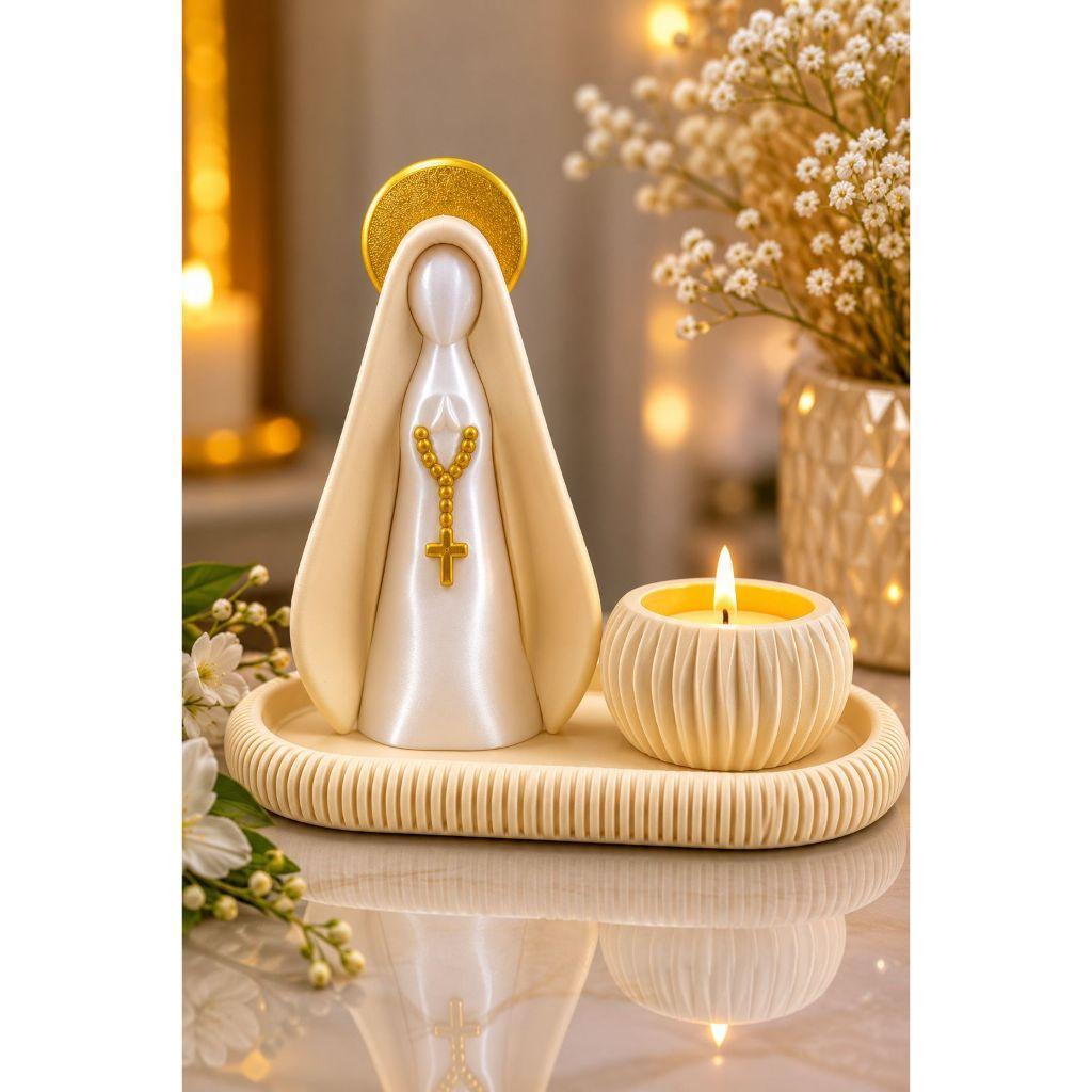 Kit Nossa Senhora Aparecida Decorativo com Bandeja e Porta-Vela
