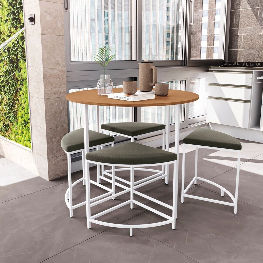 Mesa de Jantar Tampo MDP Redondo 4 Bancos Estofados Marrom/Canela/Branco Brilho Canela/Branco