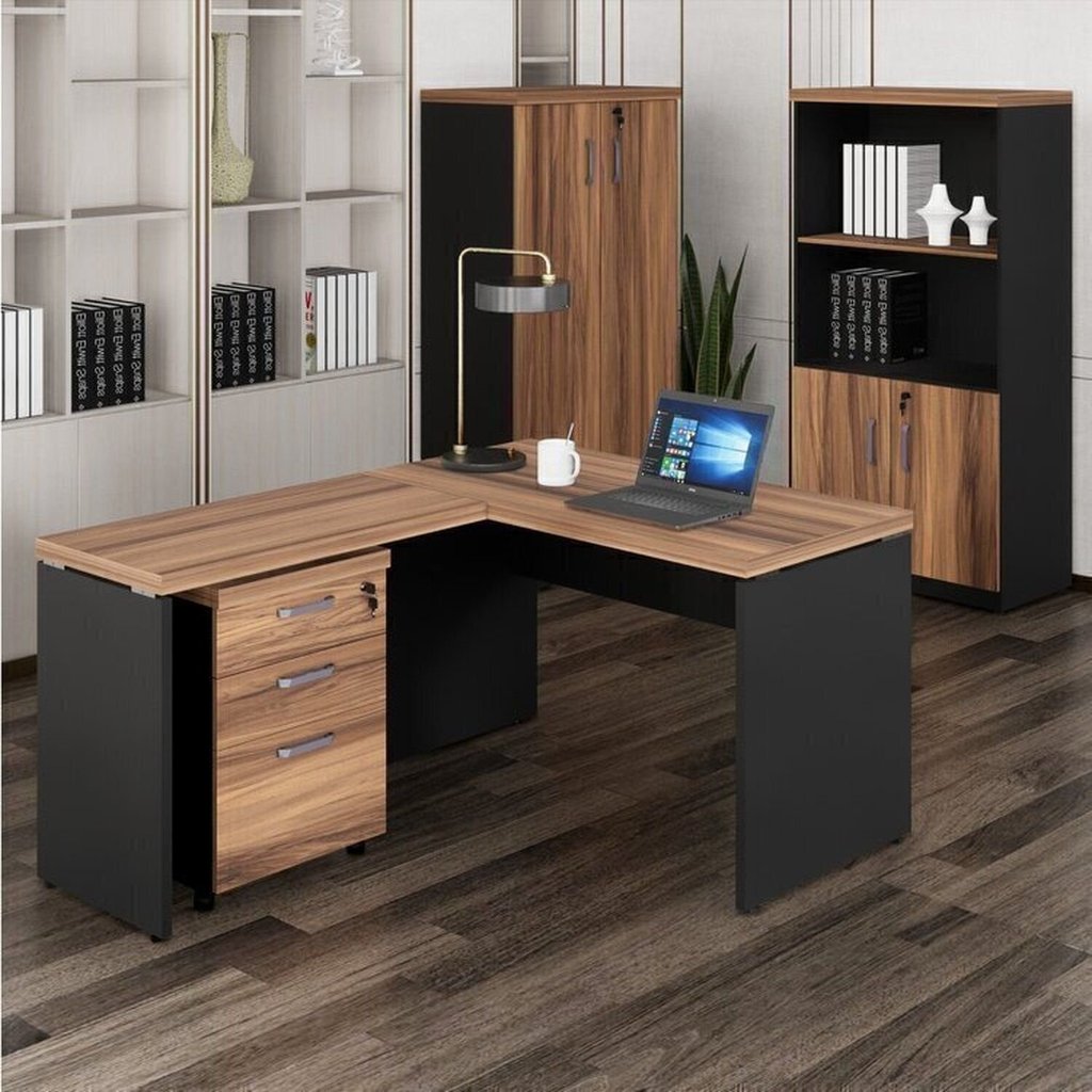 Conjunto 4 Peças com Mesa para Escritório em L 120CMX150CM, Estante e Gaveteiro Espresso Móveis Marrom Preto 120