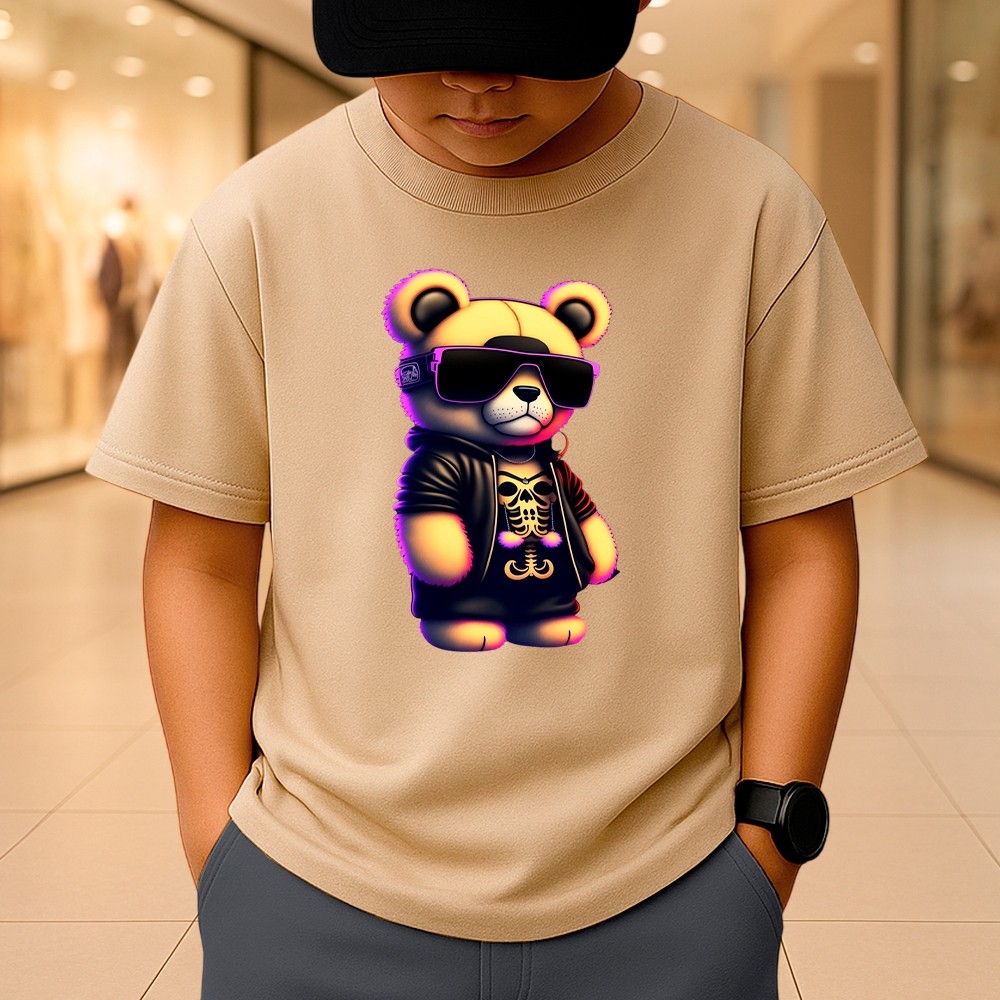 Camisa Infantil Urso Colorido Manga Curta 100% Algodão Fio 30.1 Camiseta Estampada Criança