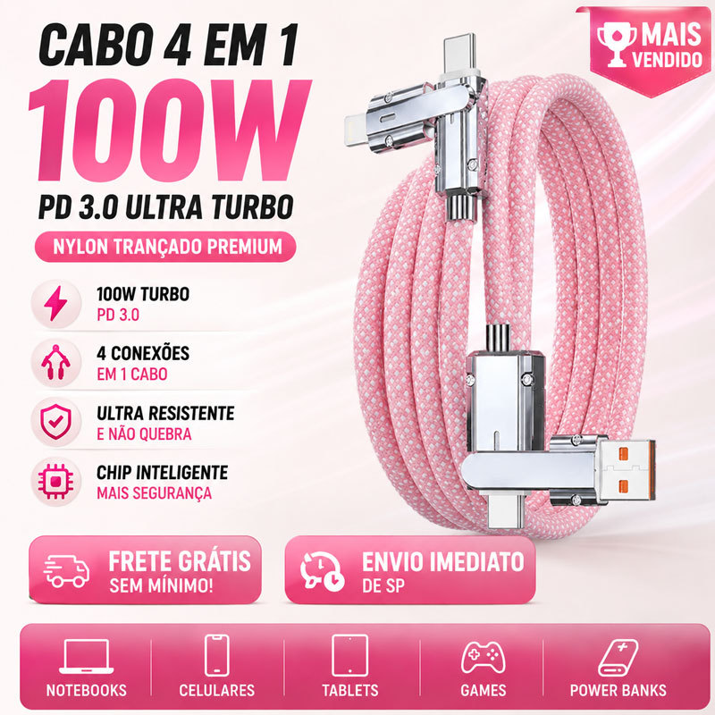Cabo Carregador Ultra Rápido 4 em 1 100W Tipo C Lightning USB Android iPhone 480Mbps