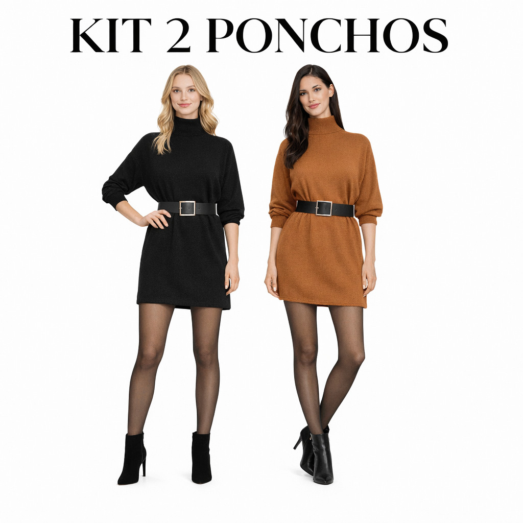 Kit 2 Blusão Feminino Vestido Poncho Lanzinha Gola Alta Cacharrel Manga Longa Moda Inverno
