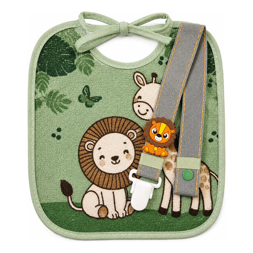 Prendedor De Chupeta + Babador Leão Safari Suporte Para Bico Maternal Angu Bebê  Verde-musgo