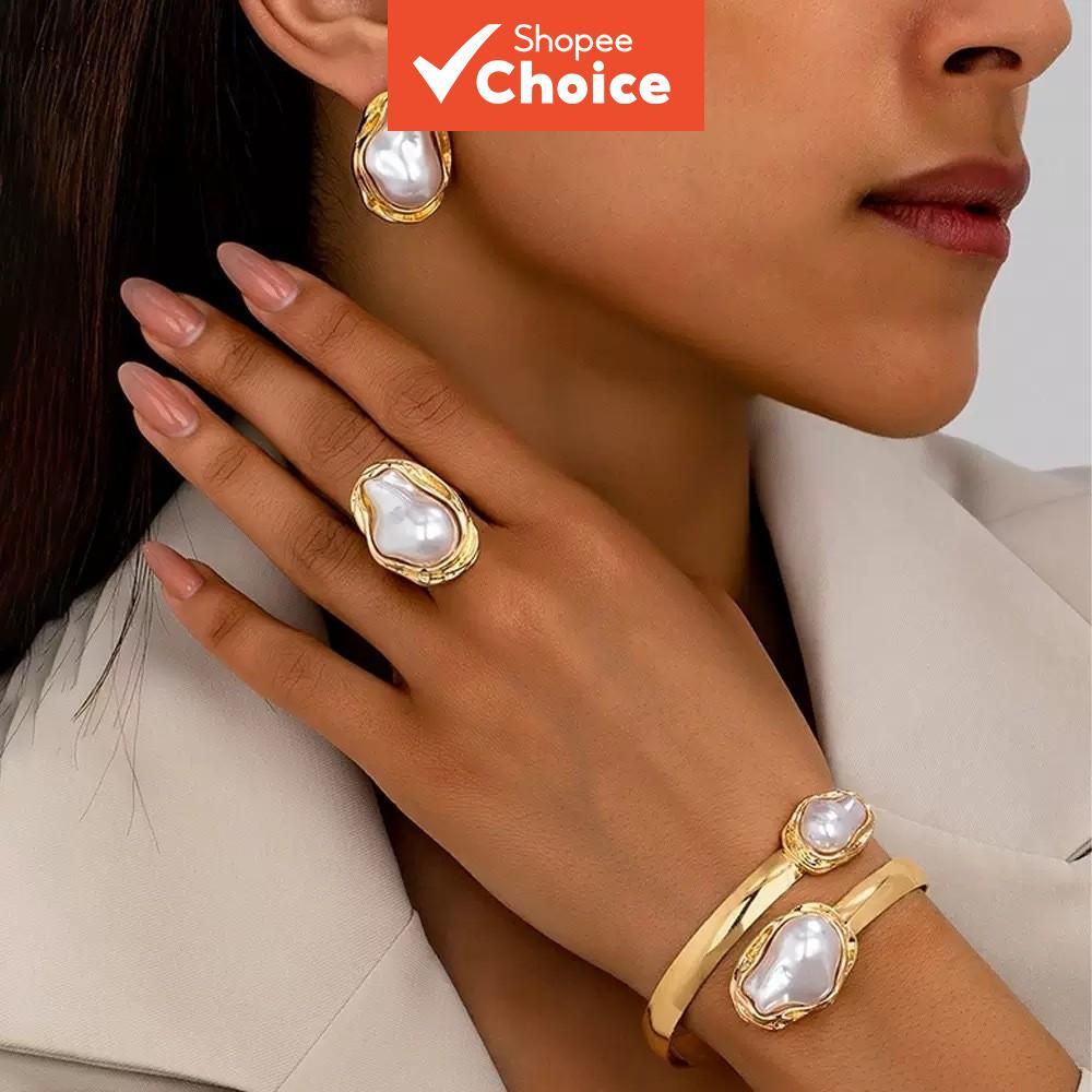 Conjunto De Joias Femininas 4 Peças Pérola Gema Brincos Pendurados Para Pulseira De Anel Banhado A Ouro 18k