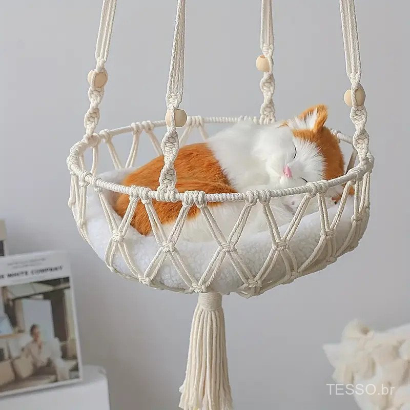Cadeira de Rede de Algodão Tecida à Mão para Gatos de Estimação, Cesto para Descanso