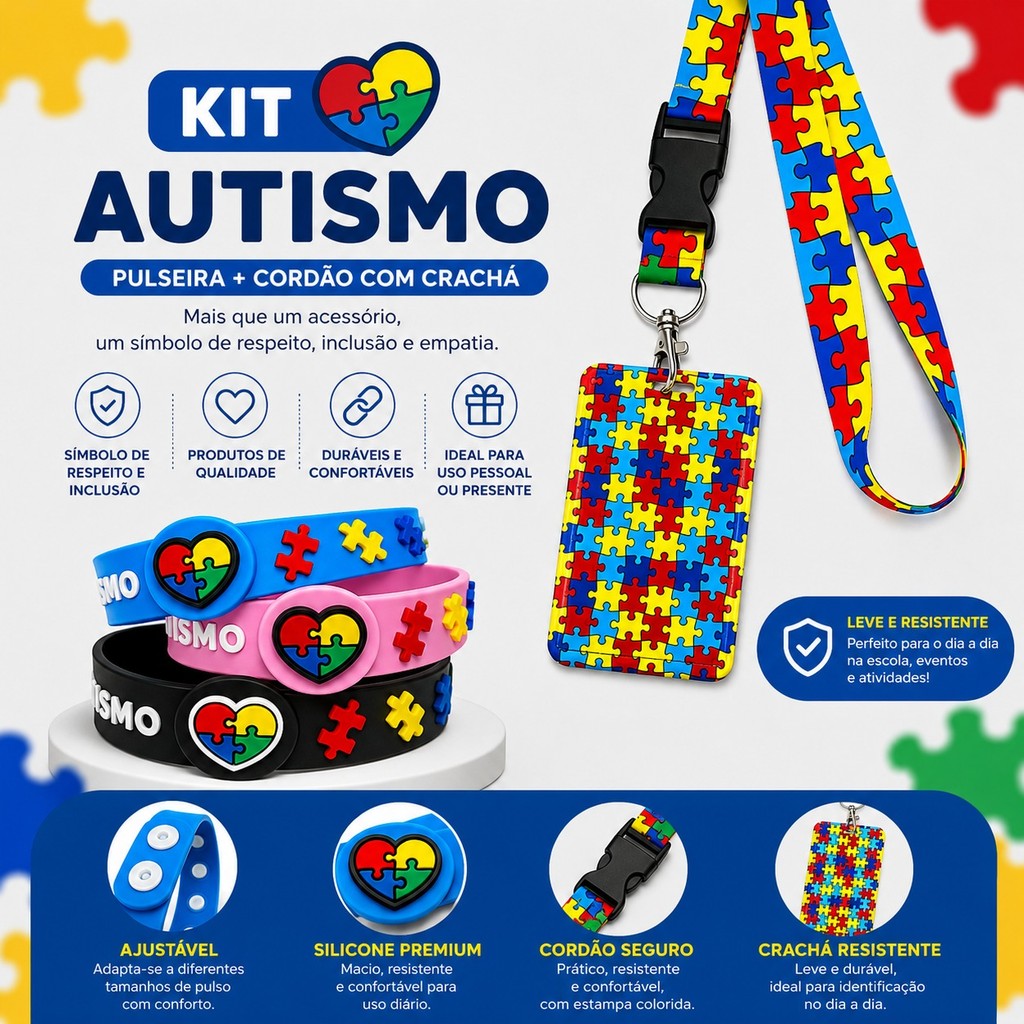 Kit Cordão Autismo TEA PCD + Pulseira Autismo | Identificação e Conscientização Acessório Autismo QC
