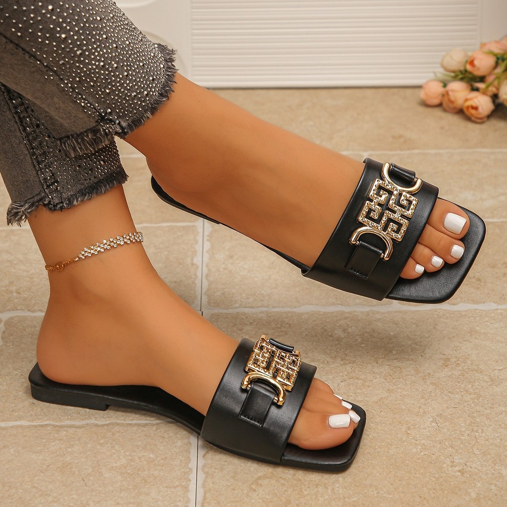 Dedo do pé quadrado fundo plano moda All-Match estilo sandálias chinelos femininos Plus Size 44