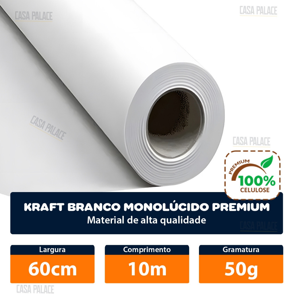 Papel Kraft Branco 50g Com 60cm De Largura X 10 Metros