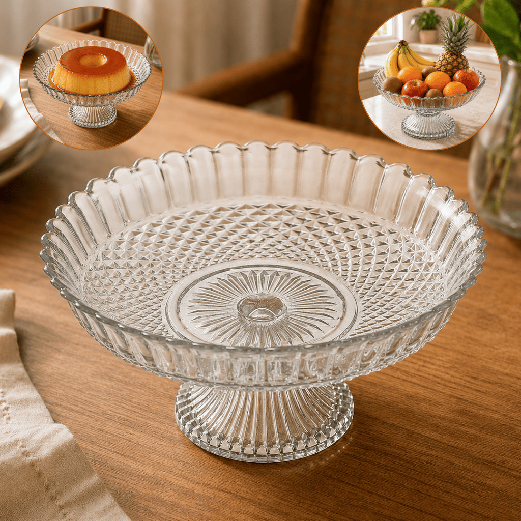 Prato De Vidro Fundo Com Pé Centro De Mesa Aniversário Fruteira De Mesa Decorativo Prato de Bolo