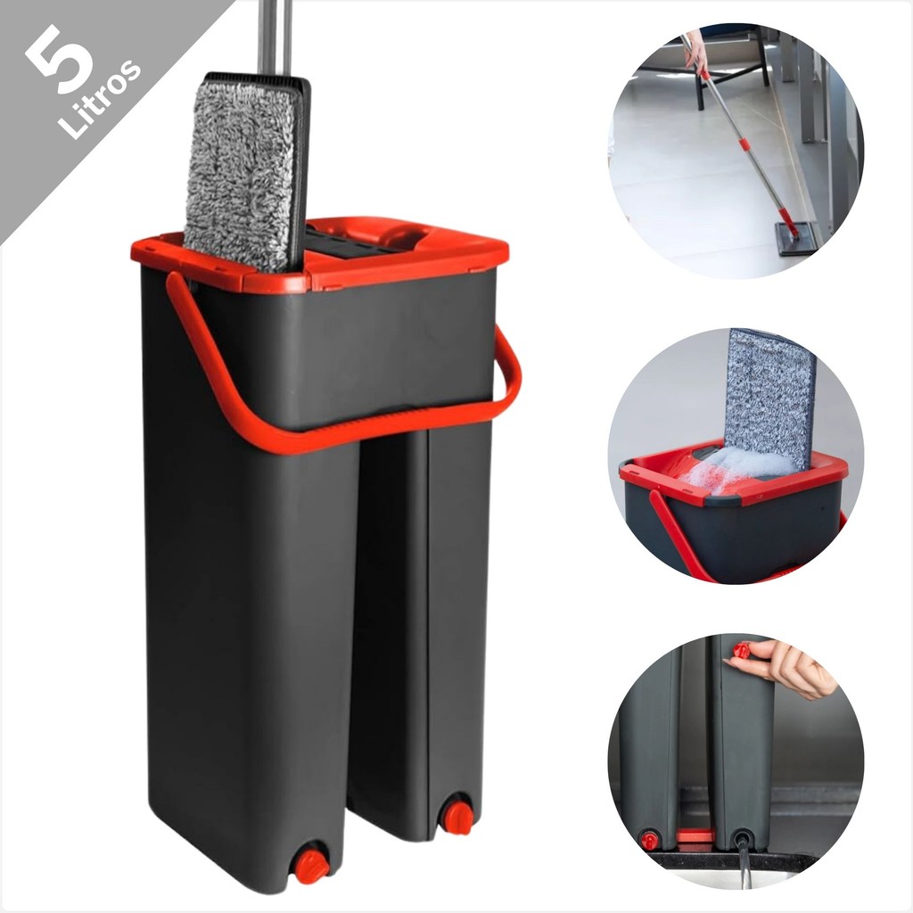 Mop Flat Com 2 Refis Balde Lava e Seca 5 Litros Compacto Cabo Extensivel