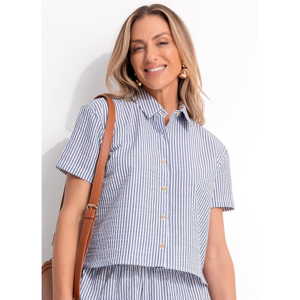 Camisa Em Tecido Anarruga Fio Tinto Listrado Azul Quintess em Oferta na Shopee