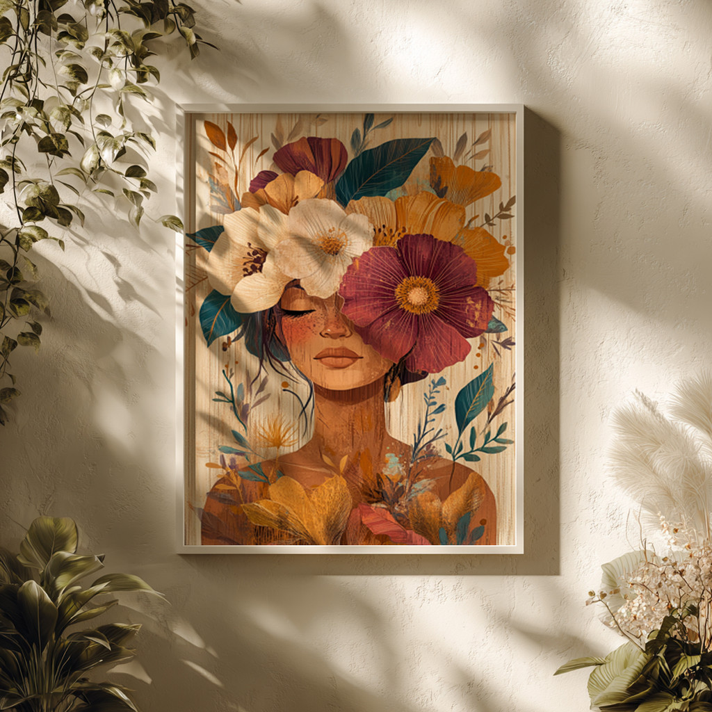 Quadro Mulher Flores Arte Abstrata Feminina Natureza Floral Colorido Retrato Pintura Estilo Parede