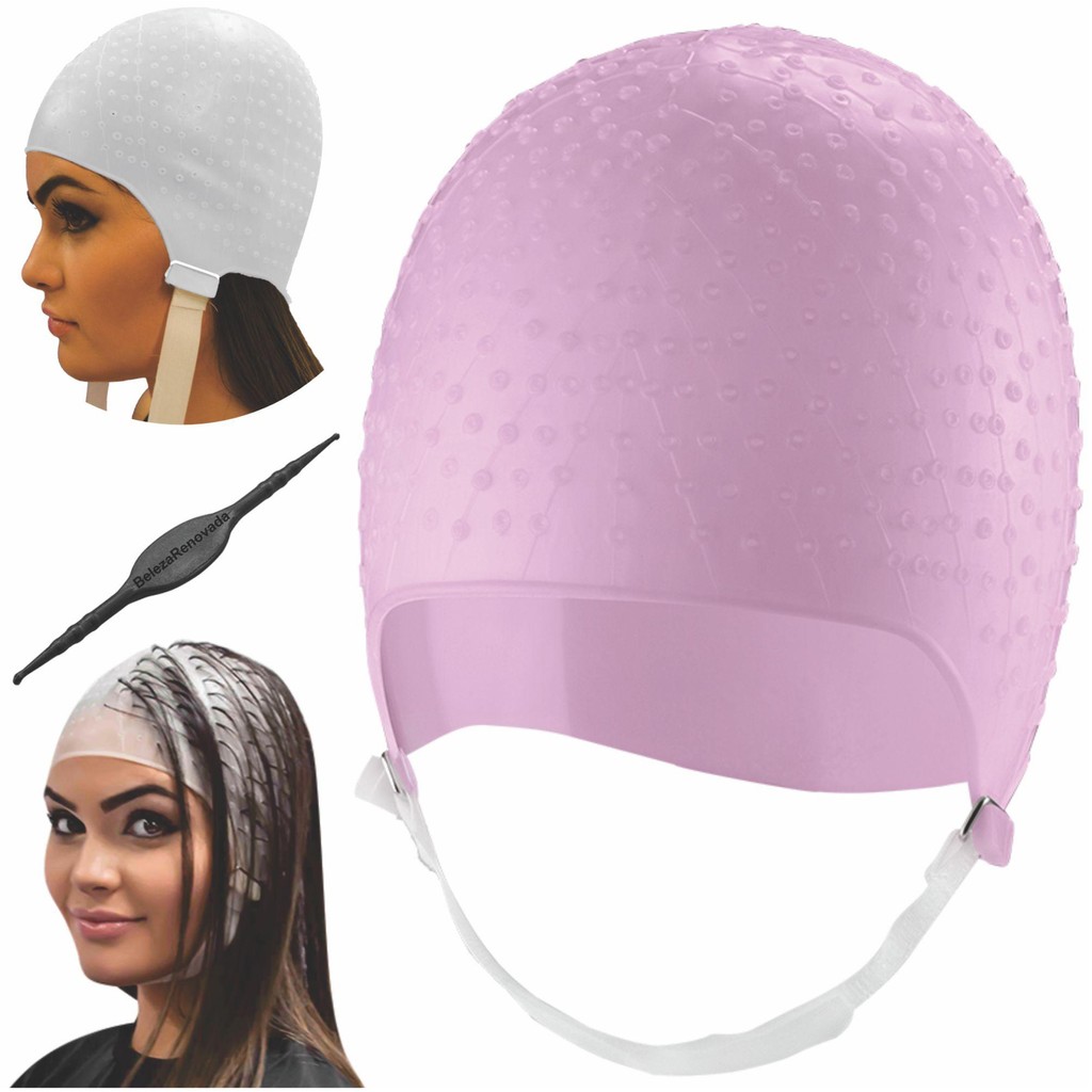 Kit Touca Para Mechas, Luzes E Reflexo Em Silicone + Agulha rosa
