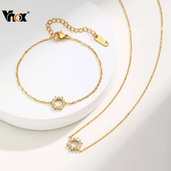 Vnox Zircon Cubic Girassol Pingente Pulseira Colar Para Mulheres , Conjunto De Jóias De Aço Inoxidável Presente