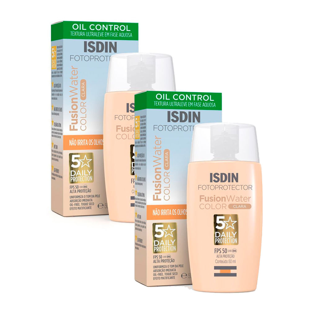 Kit 2 Protetor Solar Facial Isdin Fusion Water 5 Stars Color FPS 50 Cor Clara 50ml