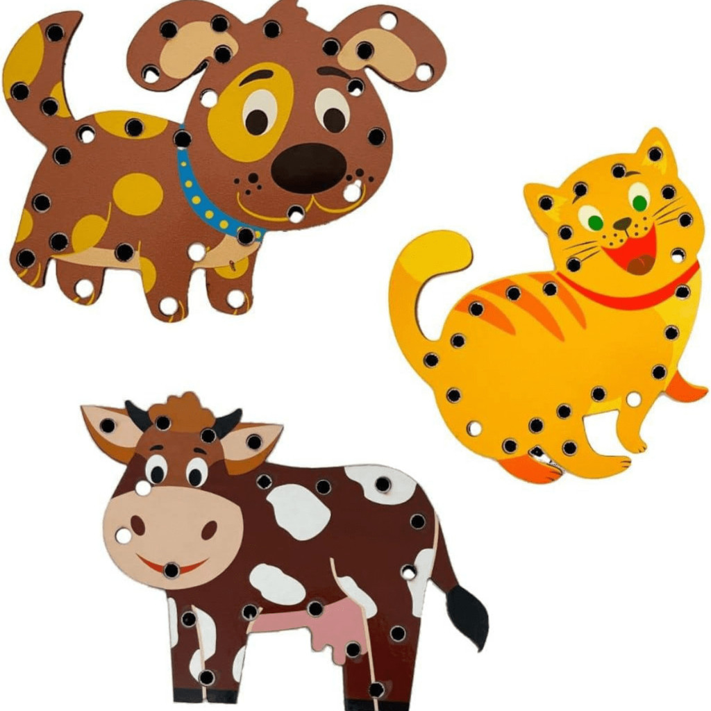 Kit 3 Alinhavo de Madeira Brinquedo Educativo Bicho Animal MDF e Cordão