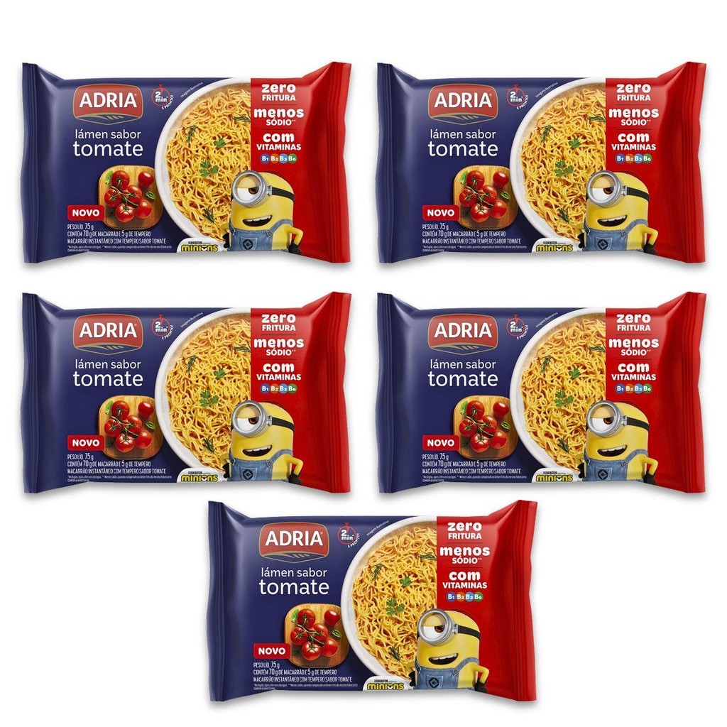 Kit 5un Macarrão Inst 75G Adria Sem Fritura Tomate Minions em Oferta na Shopee
