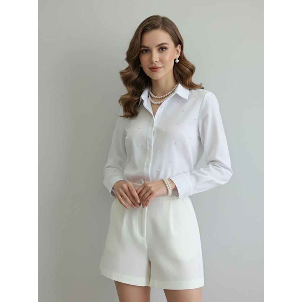 Camisa Social Feminina com Pérolas Premium | Blusa de Luxo Manga Longa Elegante com Aplicações de Pérolas Longa