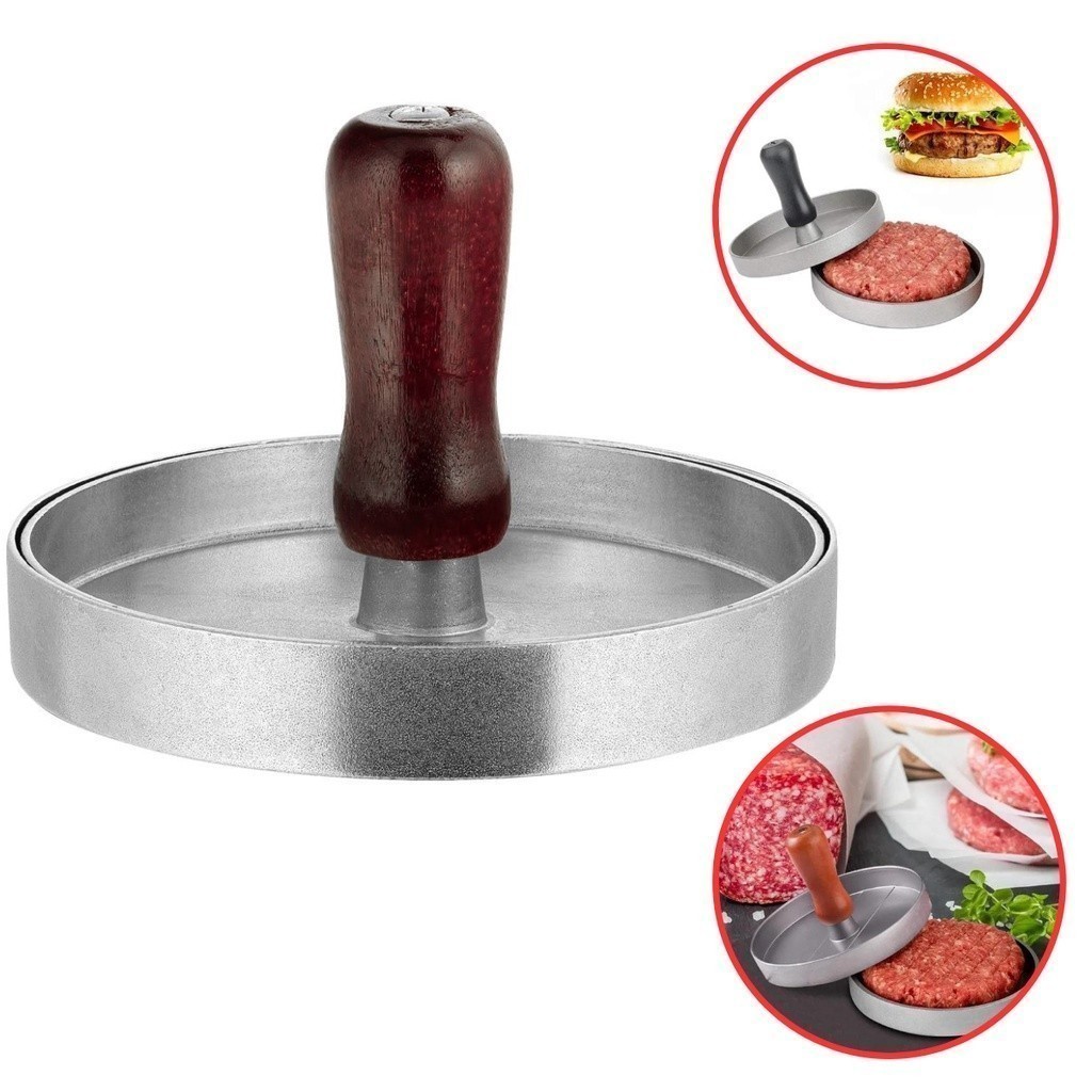 Modelador De Hambúrguer Artesanal Inox Forma Molde Caseiro Cozinha Modeladora Gourmet Cabo de Madeira Prensa