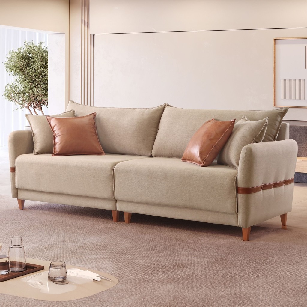 Sofá Living Canela 4 Lugares 225 cm Linho Bege