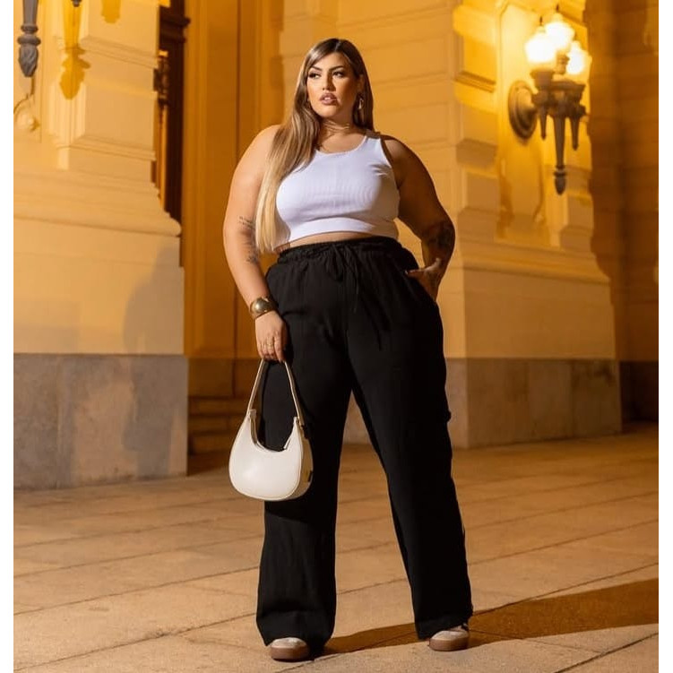Detalhes do Calça Feminina Cargo Track Pants Listras Laterais Plus Size