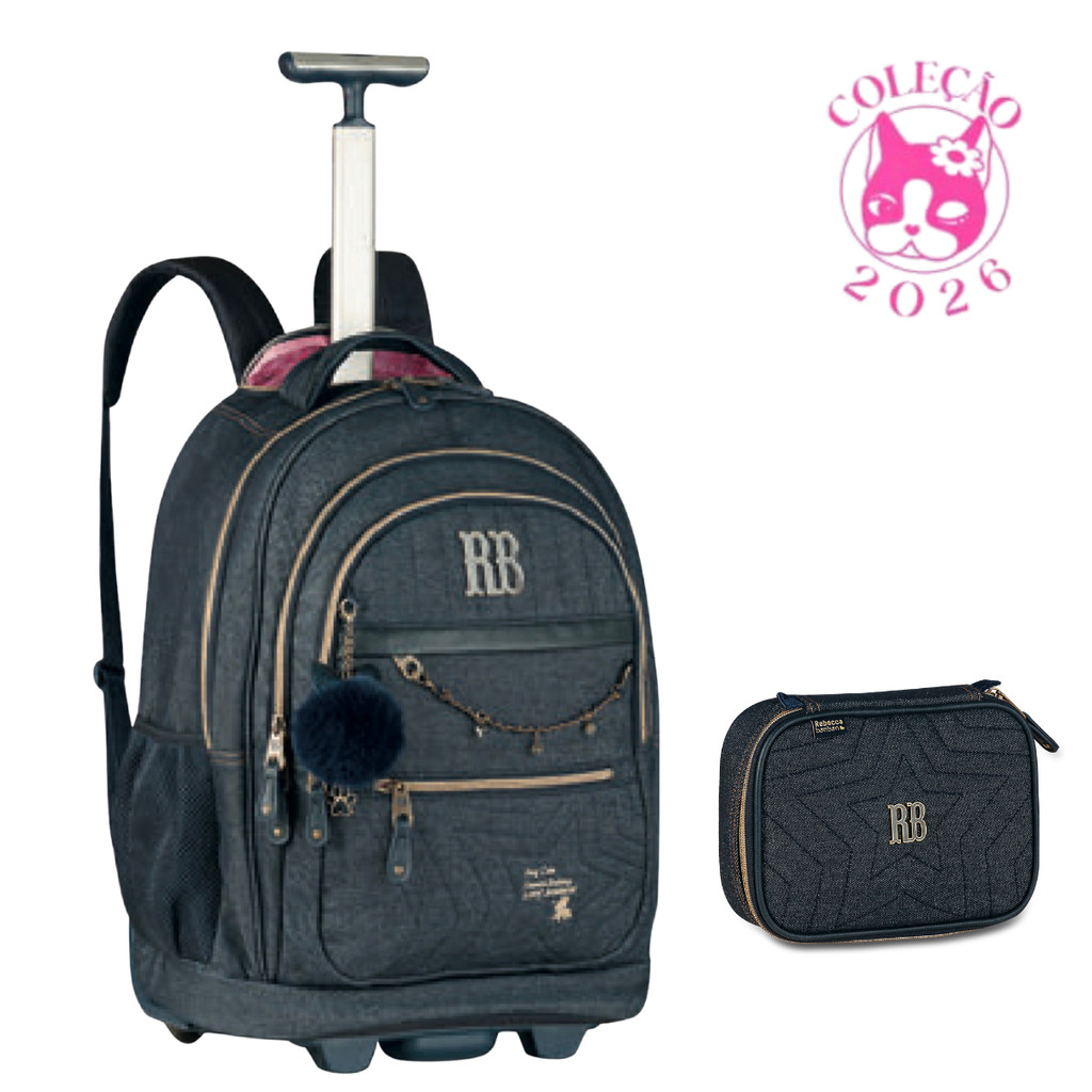 Kit Mochila de Rodinhas e Estojo Rebecca Bonbon Jeans