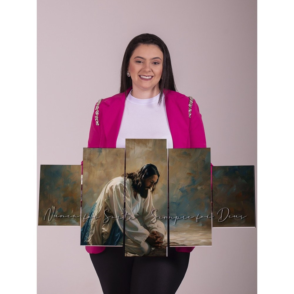 Quadro Decorativo Religioso 5 Peças Jesus Cristo Nunca Foi Sorte Sempre Foi Deus Sala Quarto Parede