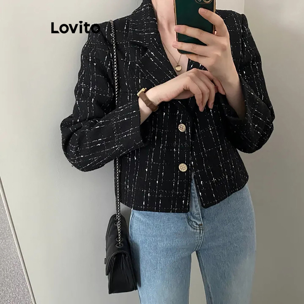 Detalhes do Lovito Casaco Casual Guingão Com Botão Frontal Para Mulheres LNE29212 (Multicolorido/Preto)