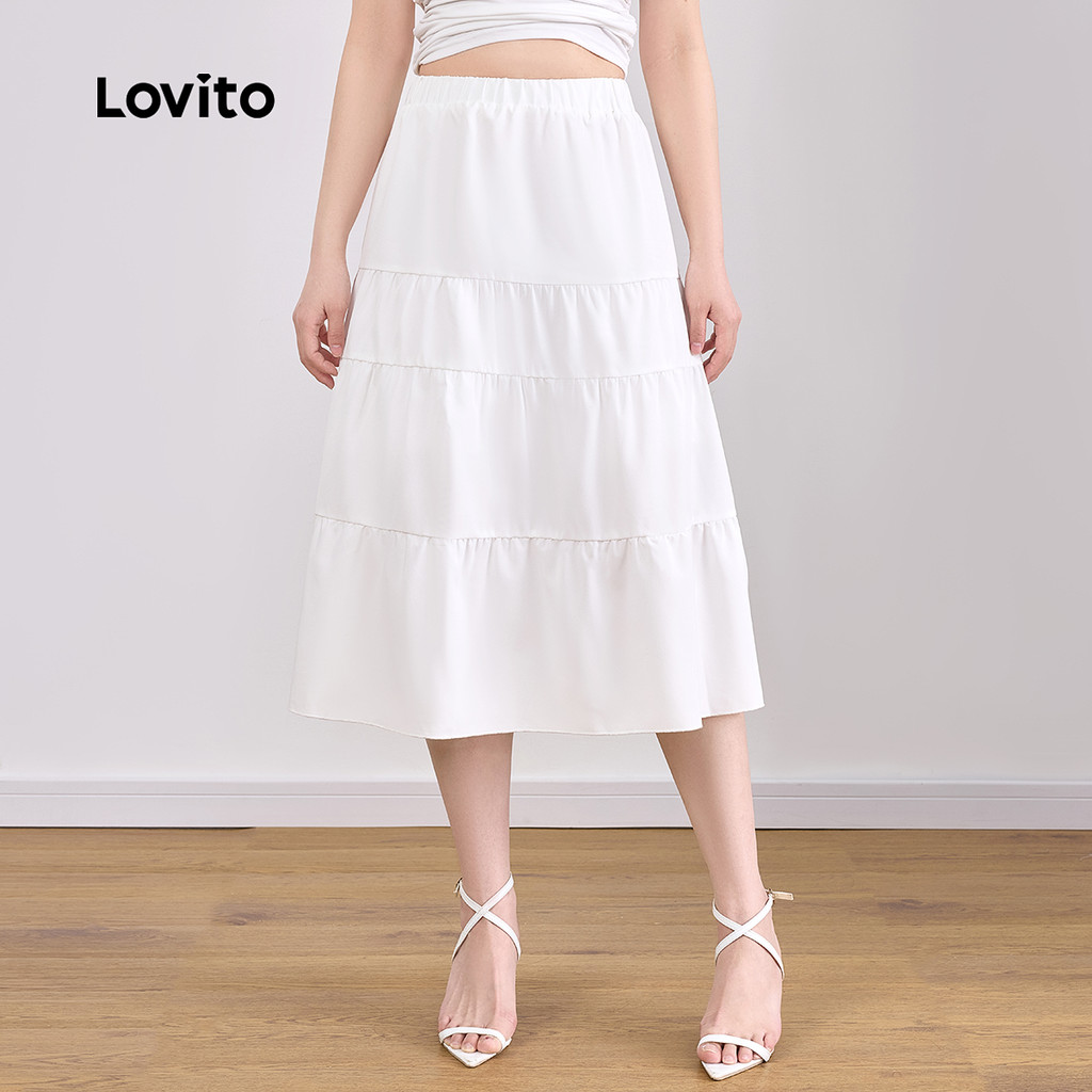 Detalhes do Lovito Saias Casuais Saia Lisa Em Camadas Para Mulheres LNL43107