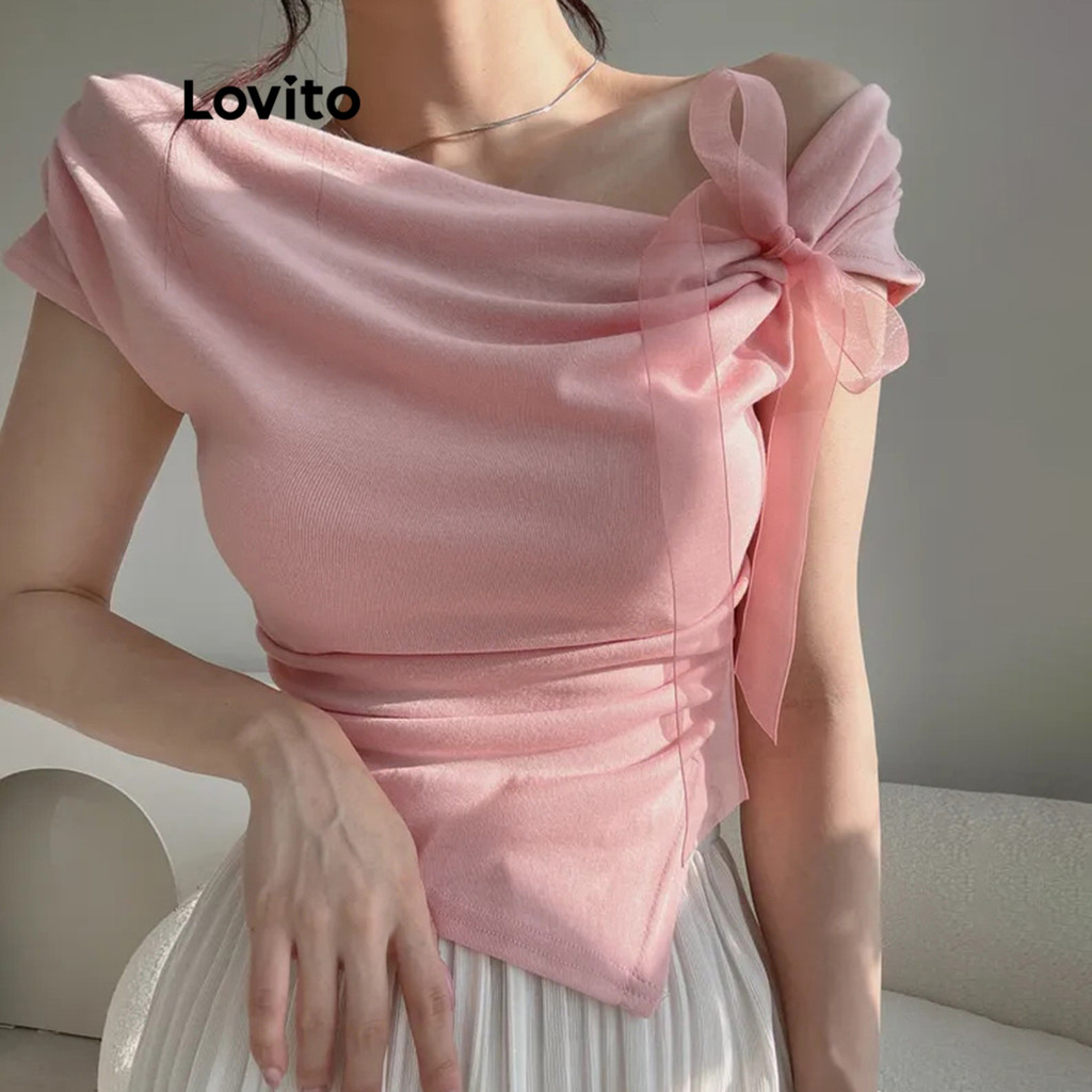Detalhes do Lovito Camiseta Elegante Lisa Assimétrica Com Nó Frontal Para Mulheres L122AD121